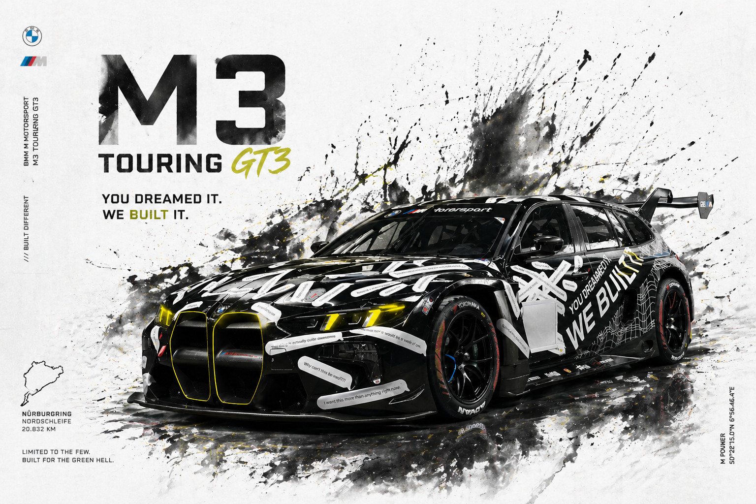 White landscape poster of the BMW M3 Touring 24H