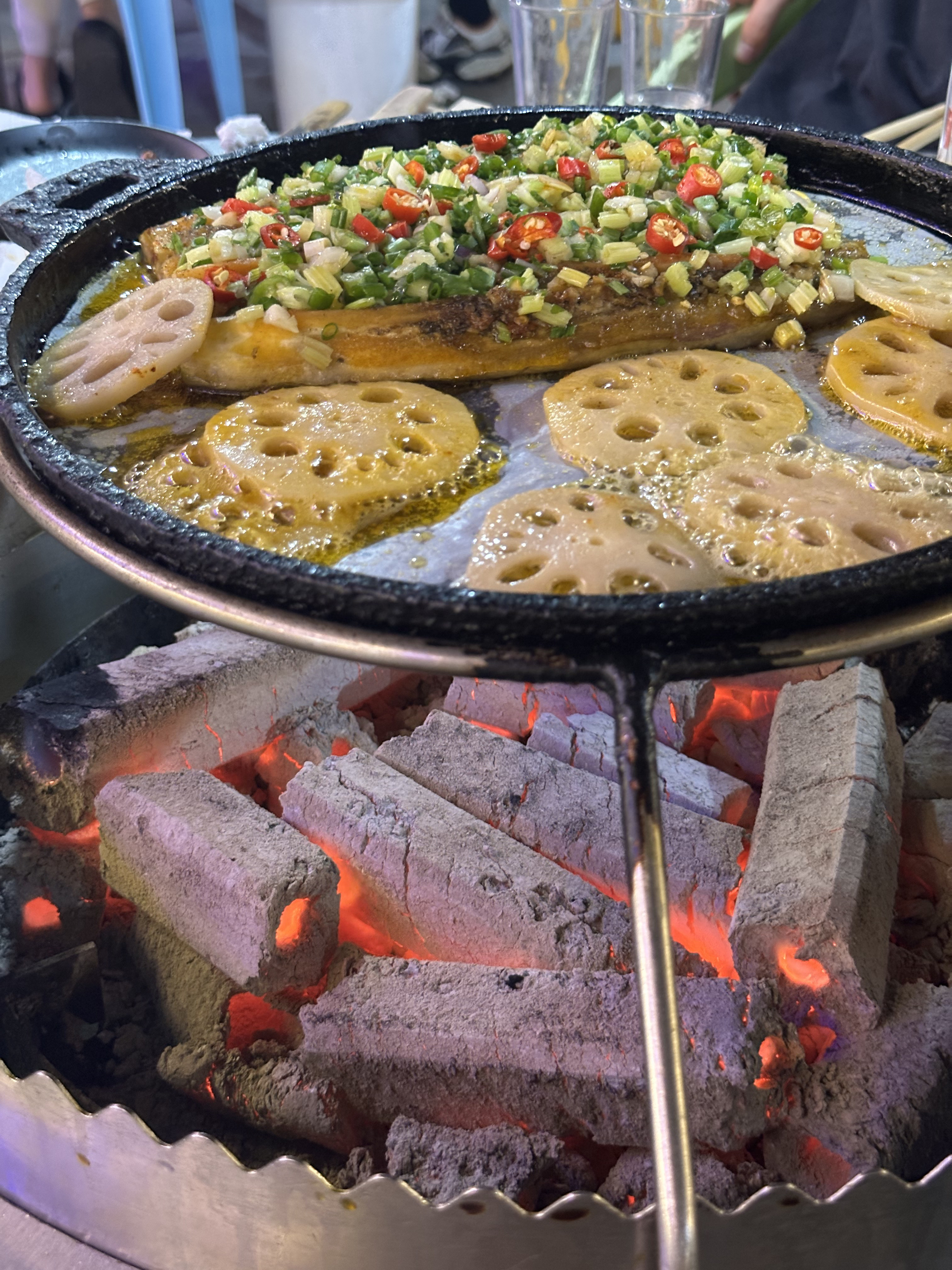 Grilled fish and lotus root slices